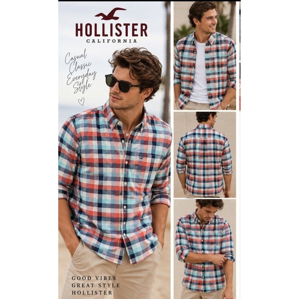 Y2K Preppy Hollister Men's L Plaid Button-Down Shirt Pockets 100% cotton